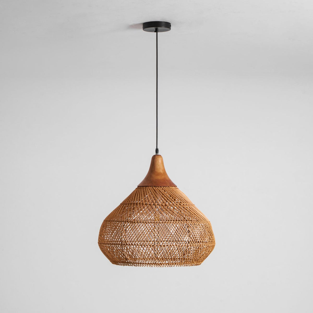 Rattan Pendant Light, Handwoven Wood & Rattan Shade