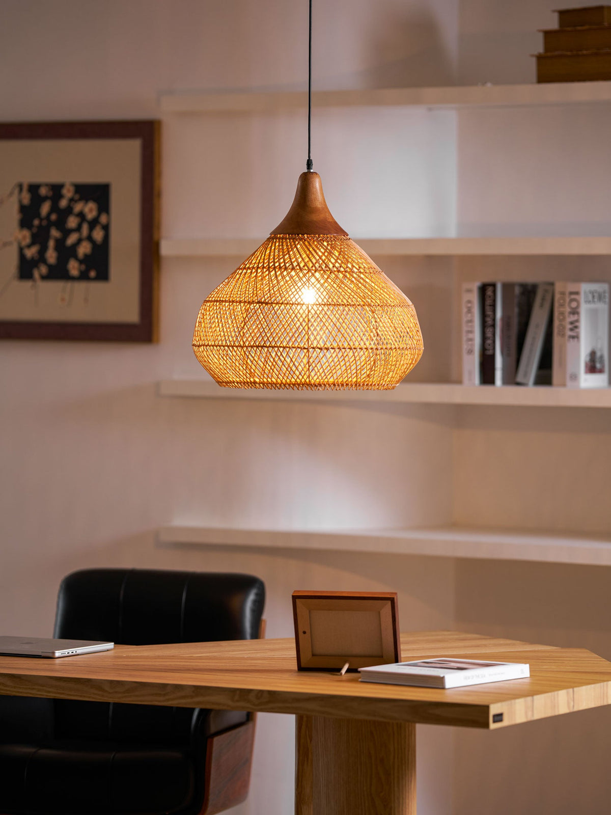 Rattan Pendant Light, Handwoven Wood & Rattan Shade