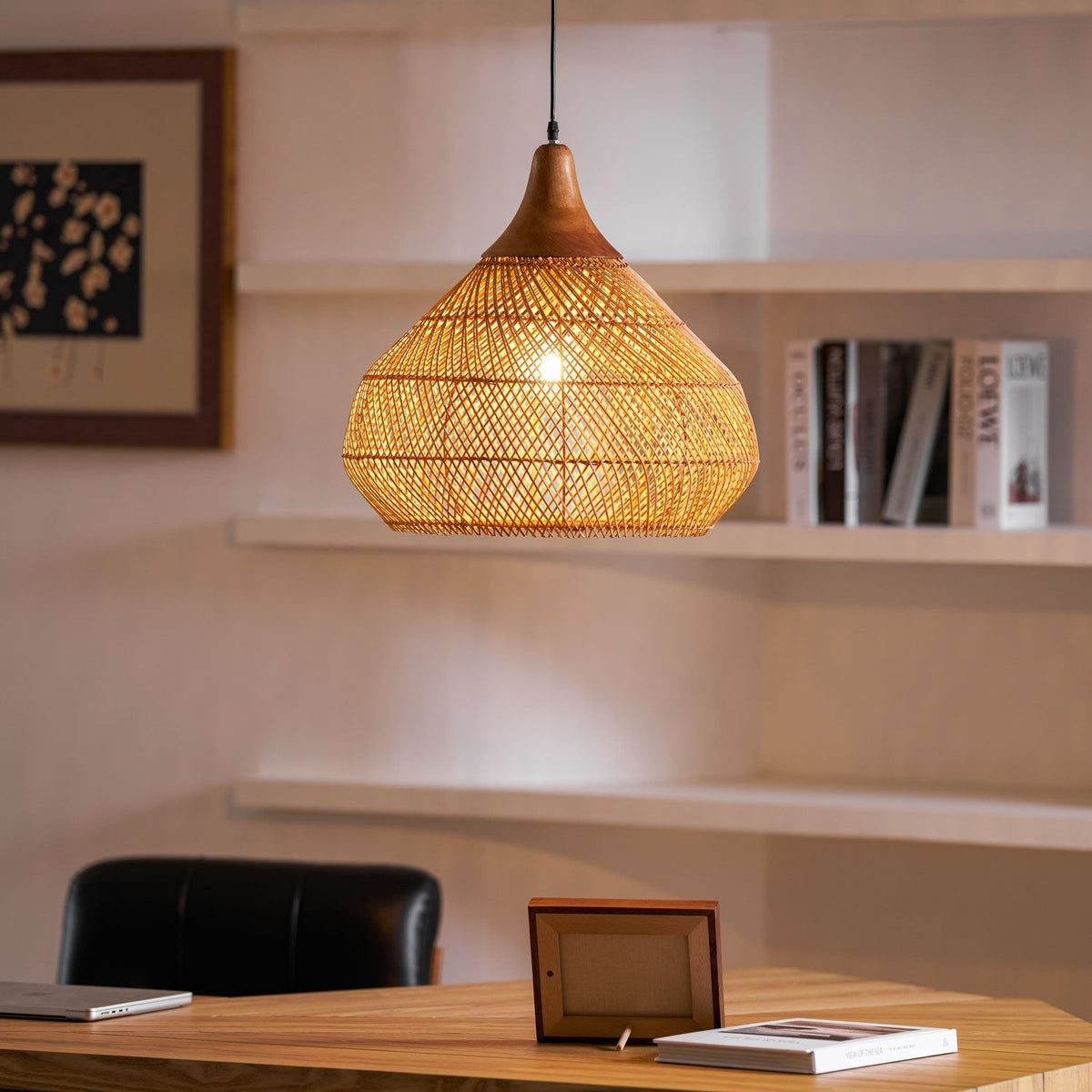 Rattan Pendant Light, Handwoven Wood & Rattan Shade