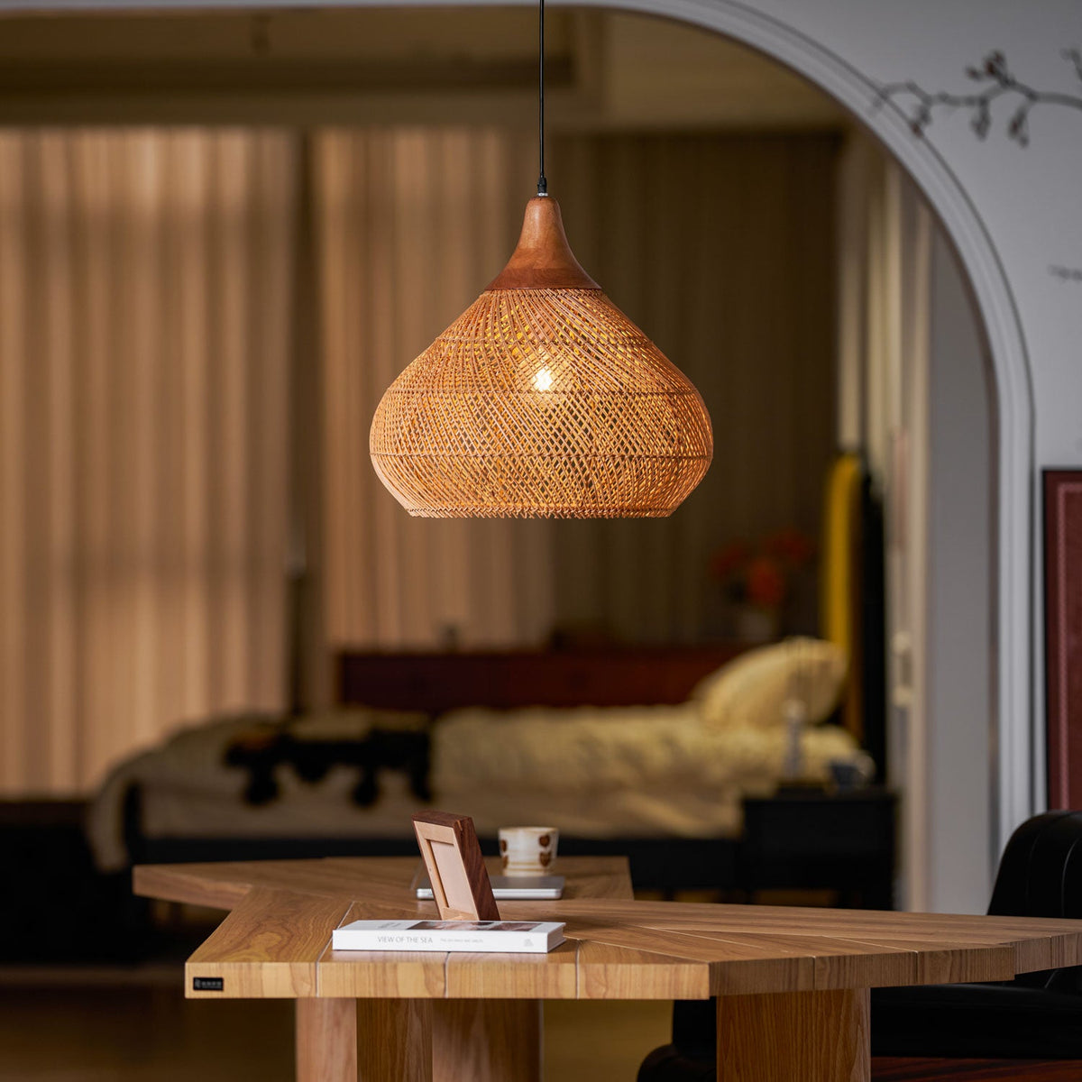 Rattan Pendant Light, Handwoven Wood & Rattan Shade