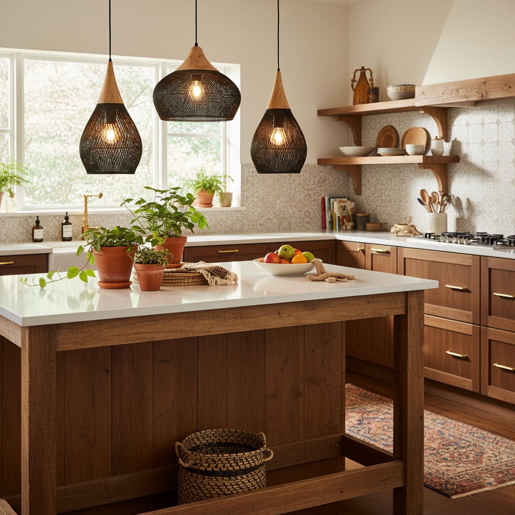 Rattan Pendant Light, Handwoven Wood & Rattan Shade