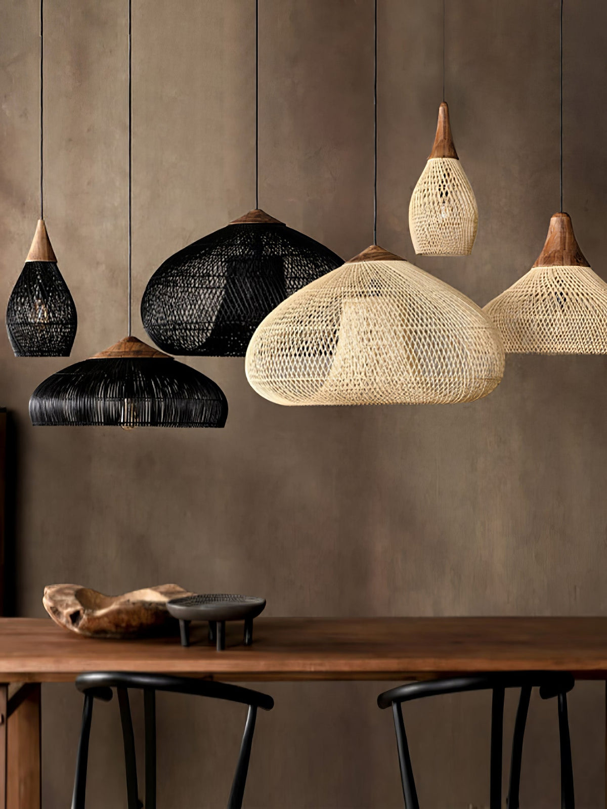 Rattan Pendant Light, Handwoven Wood & Rattan Shade