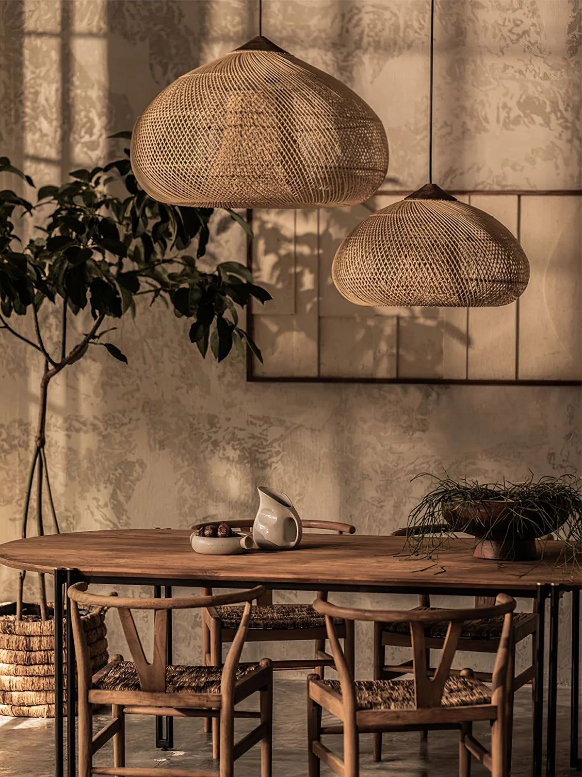 Rattan Pendant Light, Handwoven Wood & Rattan Shade