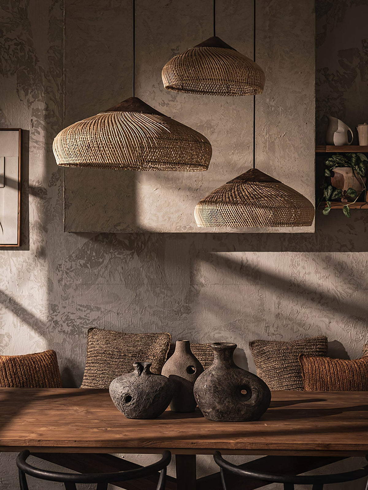Rattan Pendant Light, Handwoven Wood & Rattan Shade