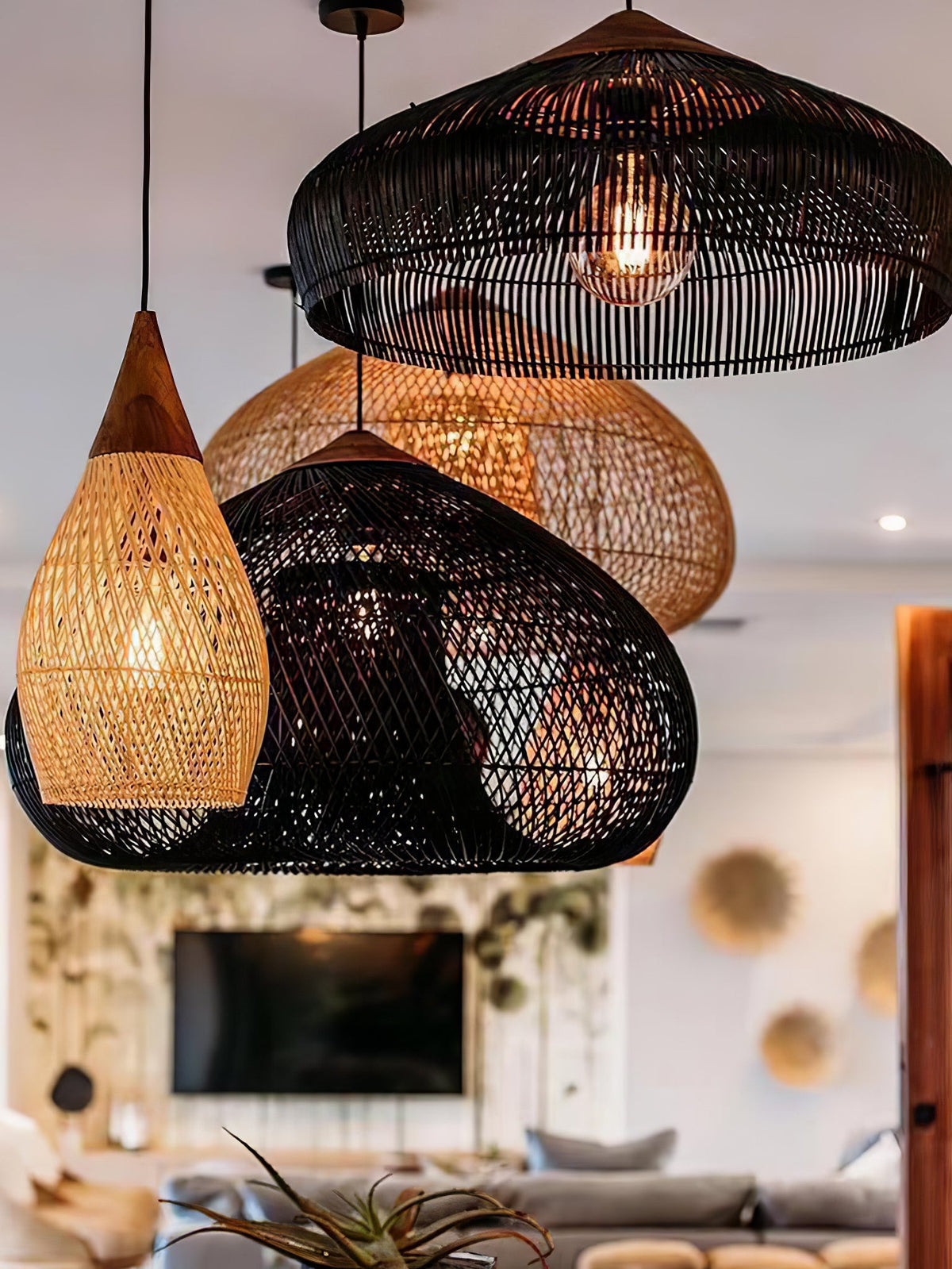 Rattan Pendant Light, Handwoven Wood & Rattan Shade
