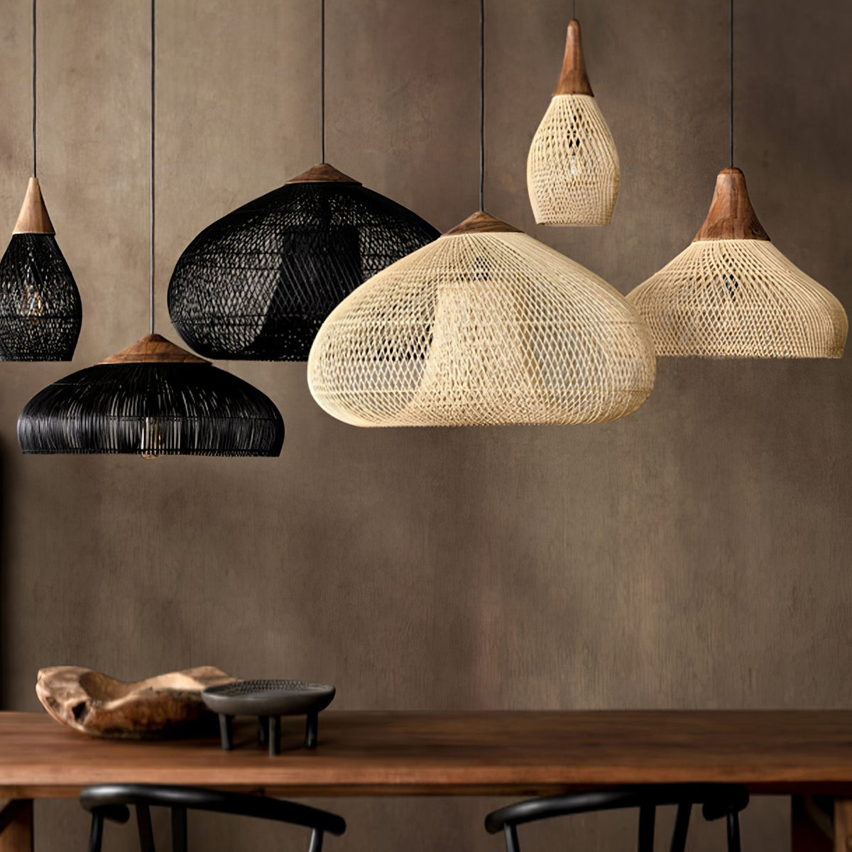 Rattan Pendant Light, Handwoven Wood & Rattan Shade
