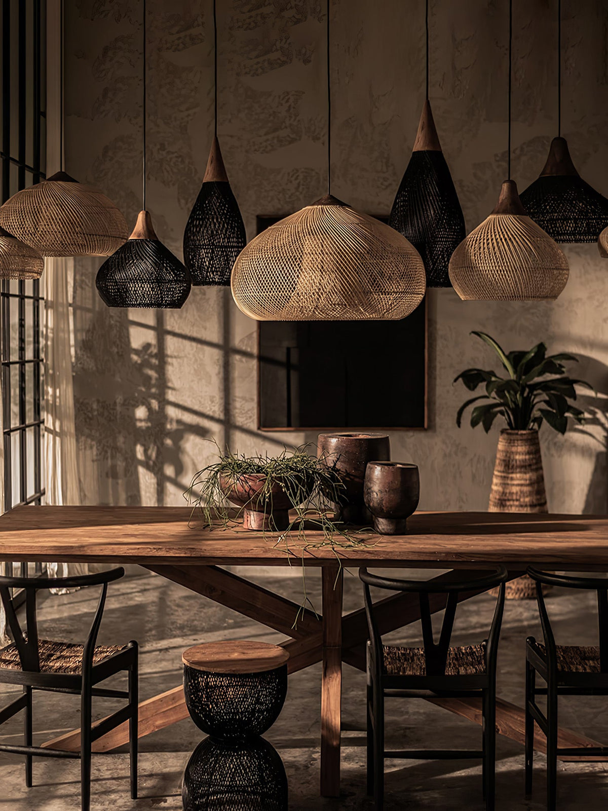 Rattan Pendant Light, Handwoven Wood & Rattan Shade