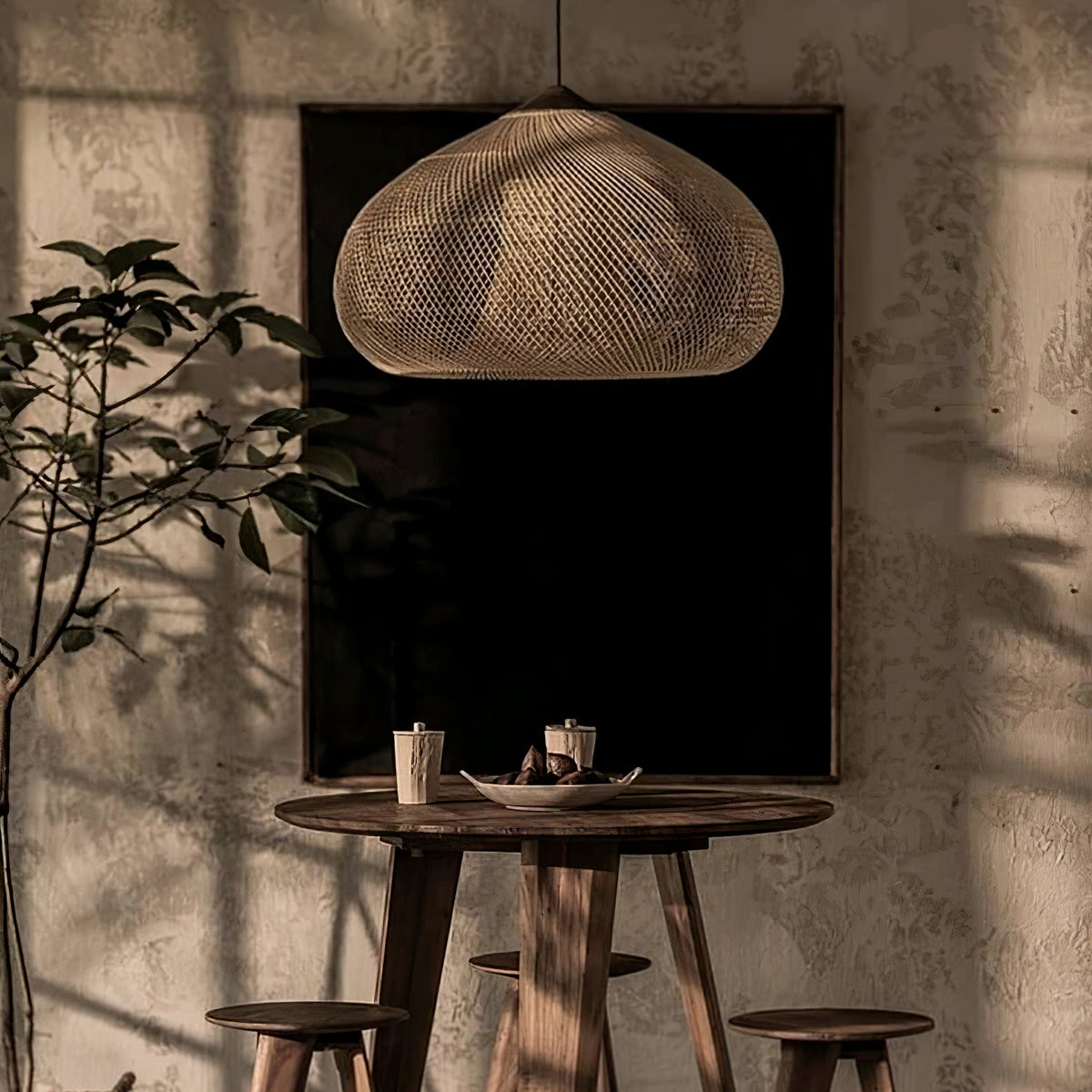 Rattan Pendant Light, Handwoven Wood & Rattan Shade