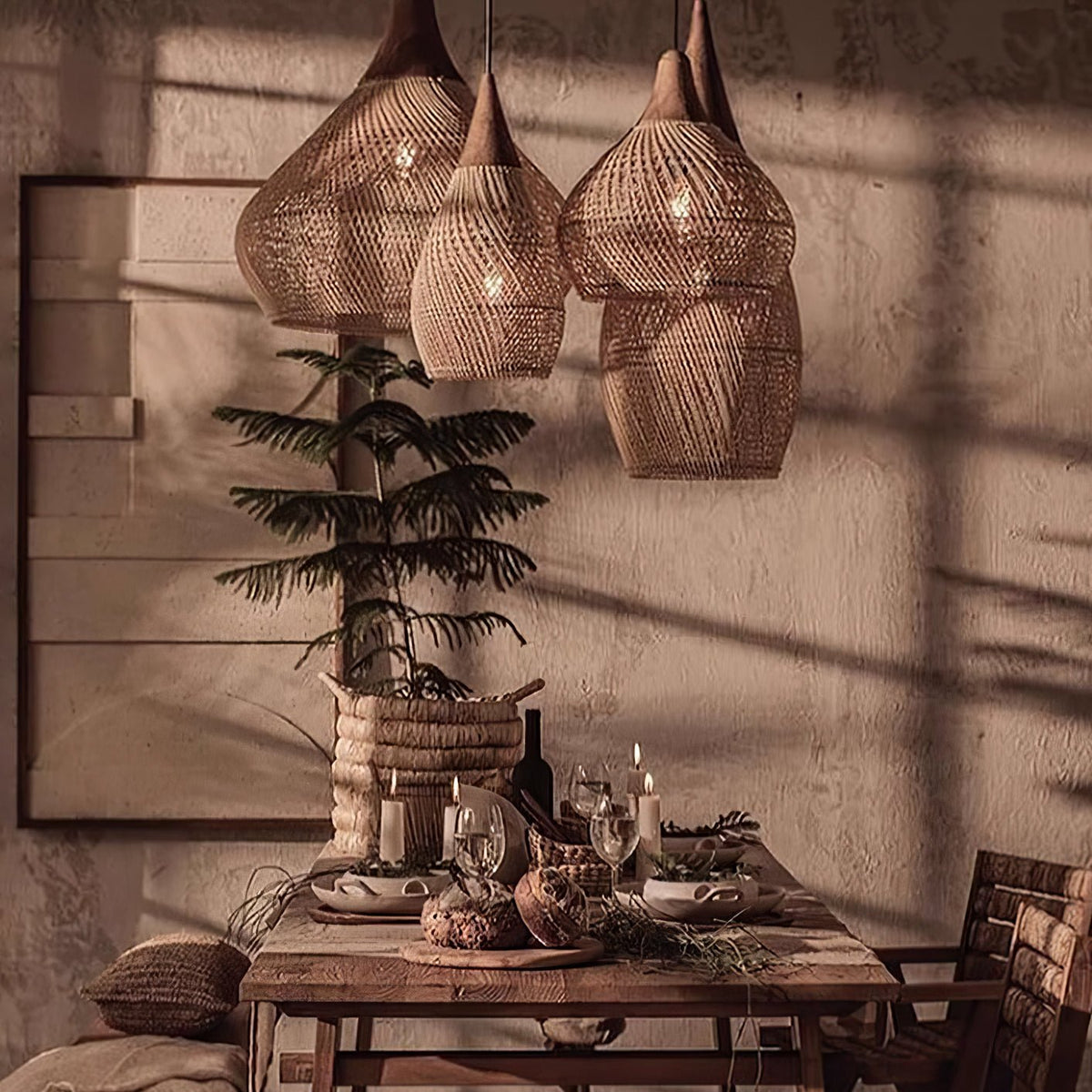 Rattan Pendant Light, Handwoven Wood & Rattan Shade