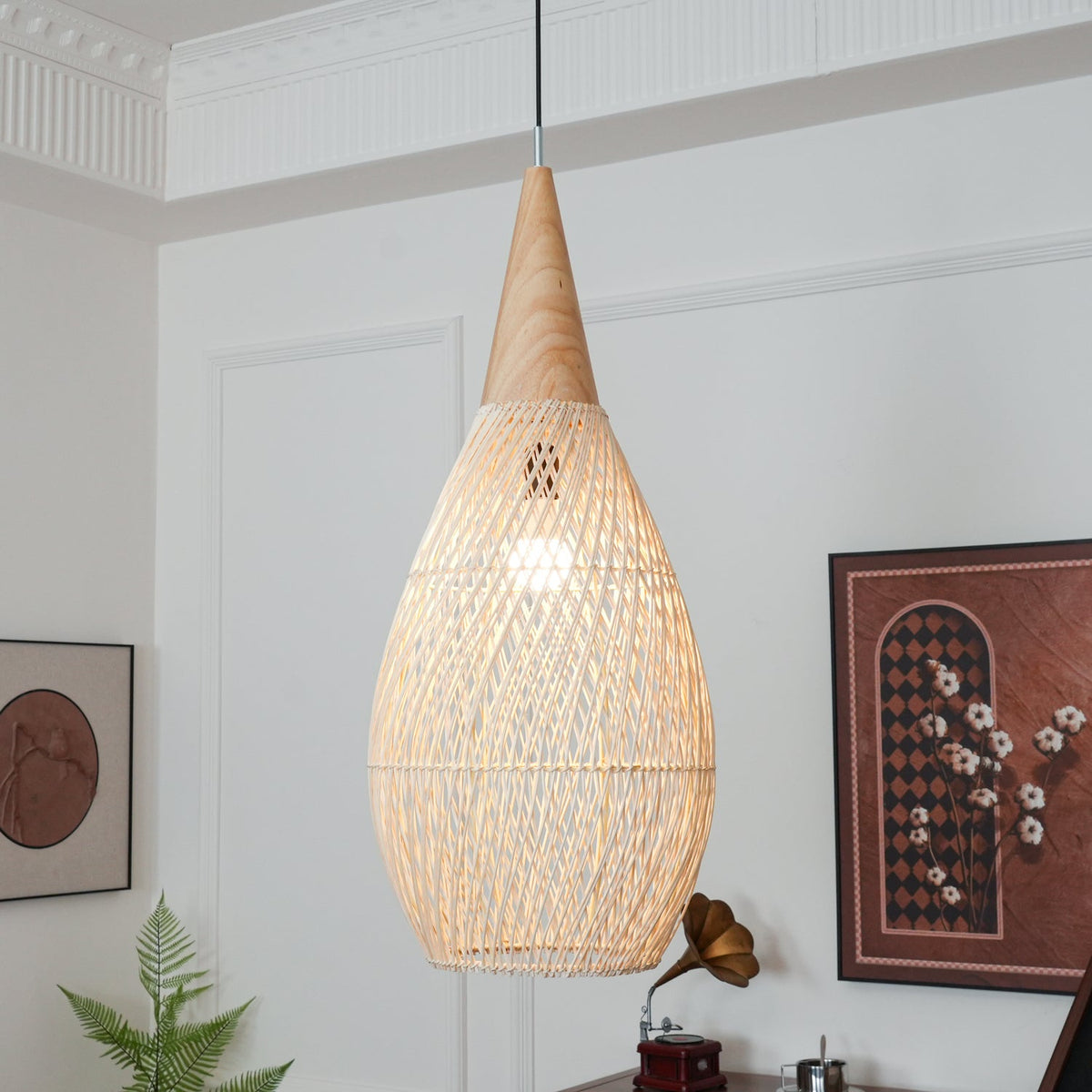 Rattan Pendant Light, Handwoven Wood & Rattan Shade