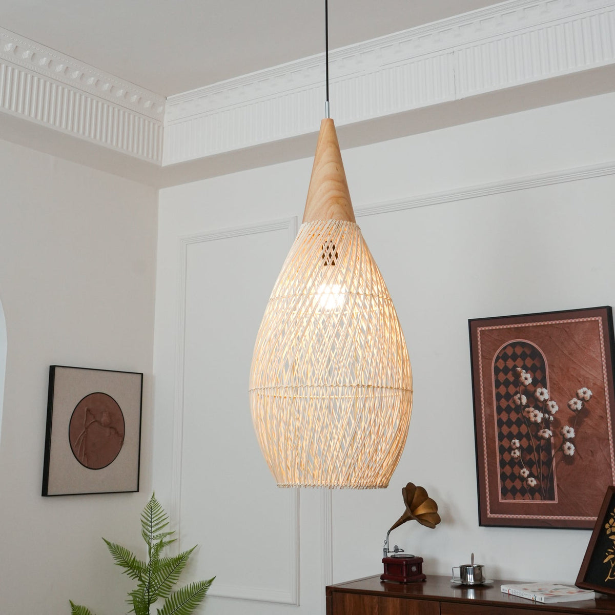 Rattan Pendant Light, Handwoven Wood & Rattan Shade