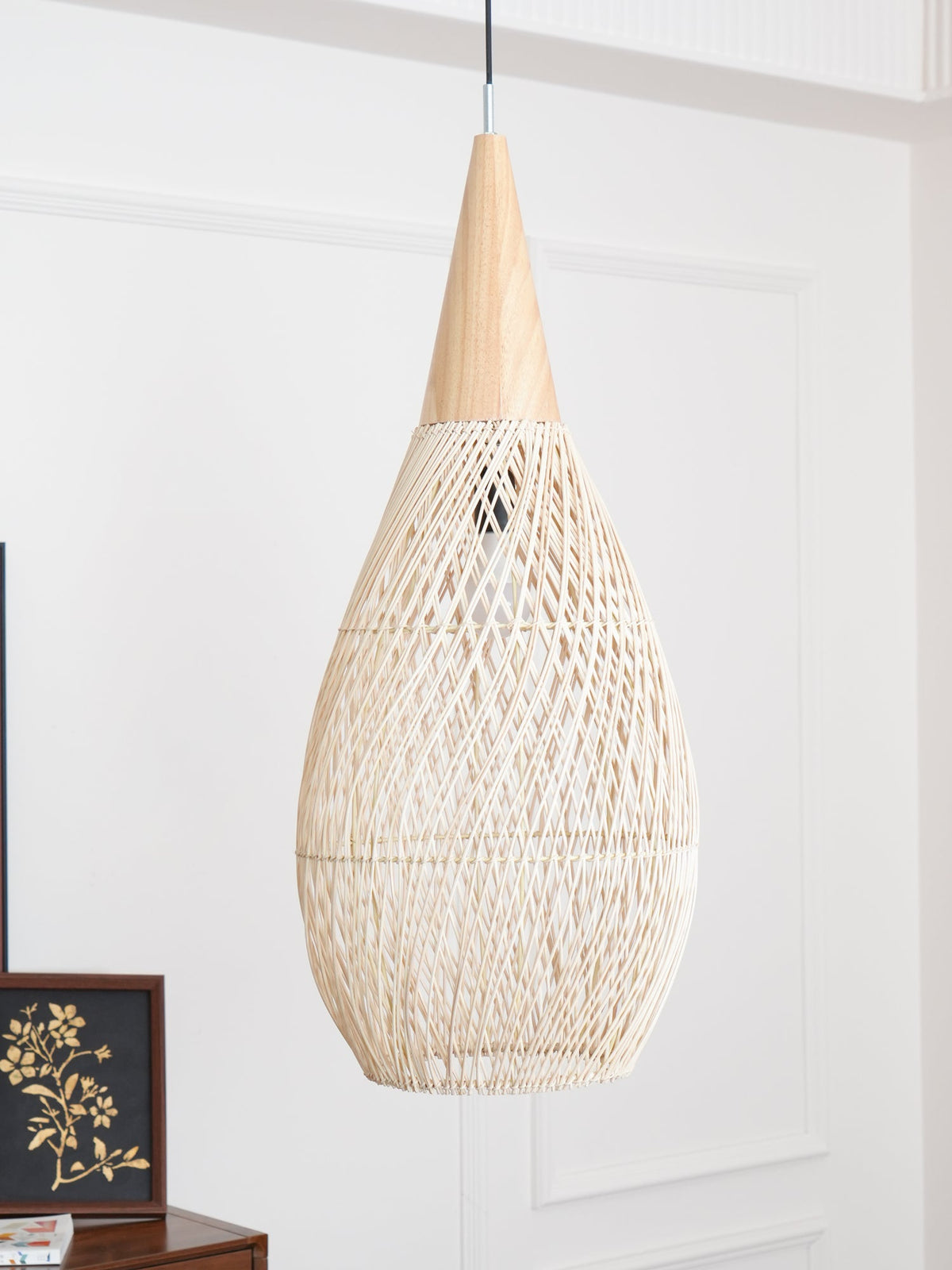 Rattan Pendant Light, Handwoven Wood & Rattan Shade
