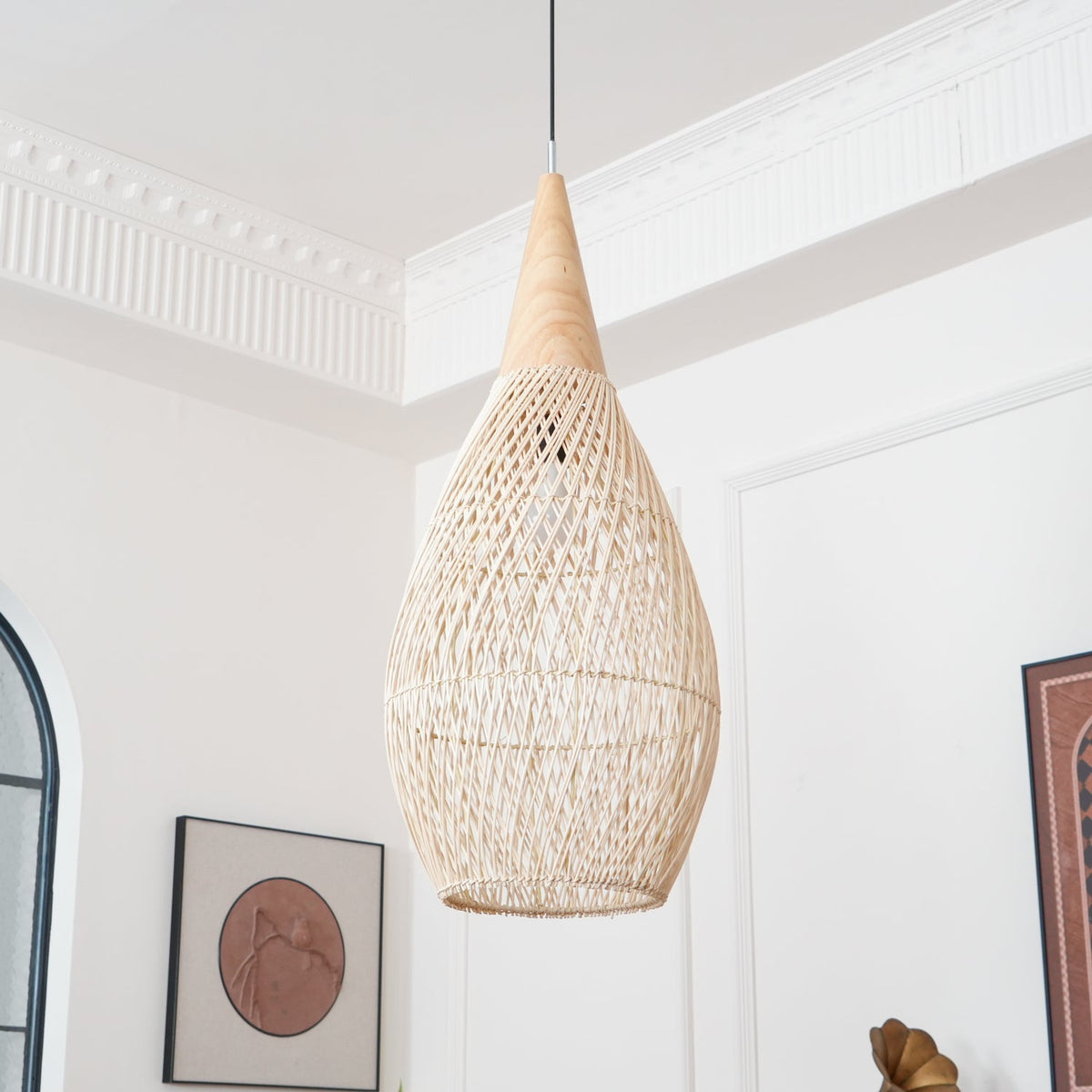 Rattan Pendant Light, Handwoven Wood & Rattan Shade