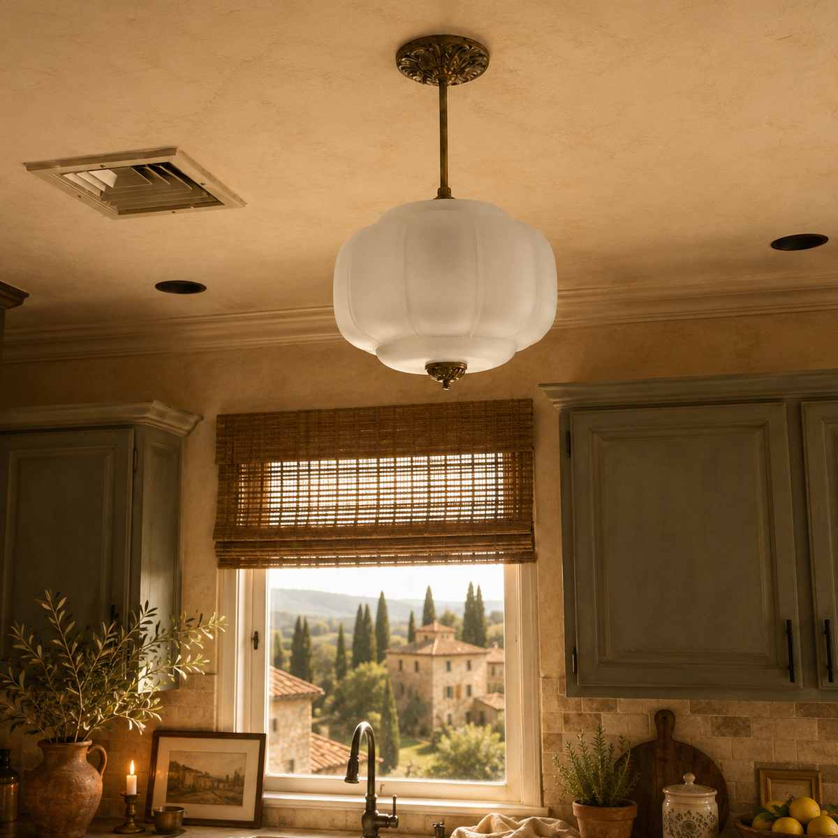 Vintage Scalloped Milk Glass Semi-Flush Ceiling Light — Casa Toscana Brass Bedroom & Hallway Fixture