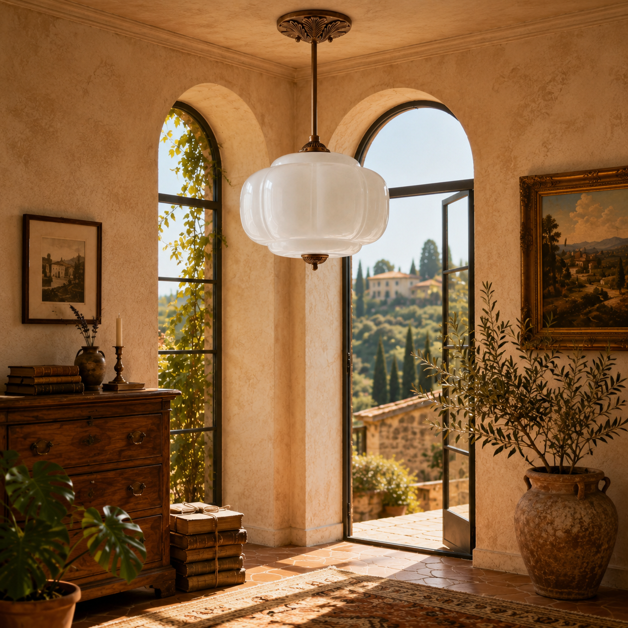 Vintage Scalloped Milk Glass Semi-Flush Ceiling Light — Casa Toscana Brass Bedroom & Hallway Fixture