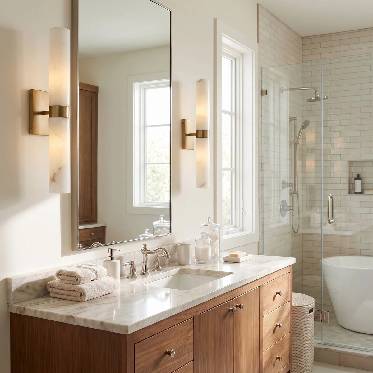 Alabaster Double Tube Sconce, Twin Cylinder Tall Wall Light