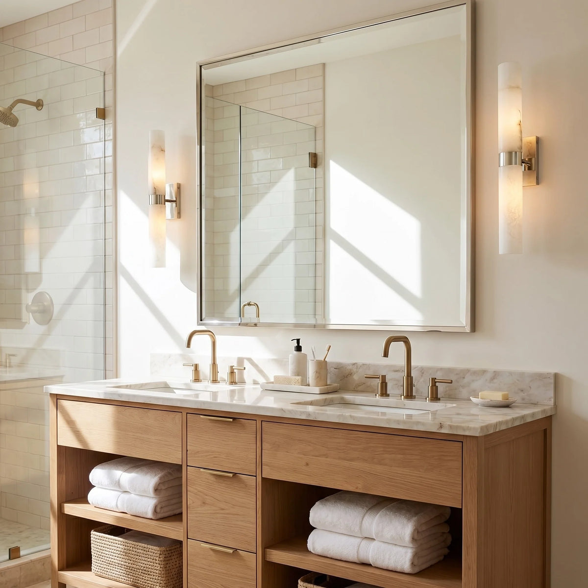 Alabaster Double Tube Sconce, Twin Cylinder Tall Wall Light