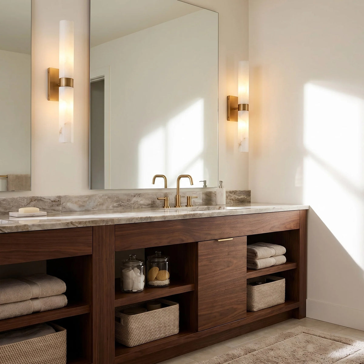 Alabaster Double Tube Sconce, Twin Cylinder Tall Wall Light