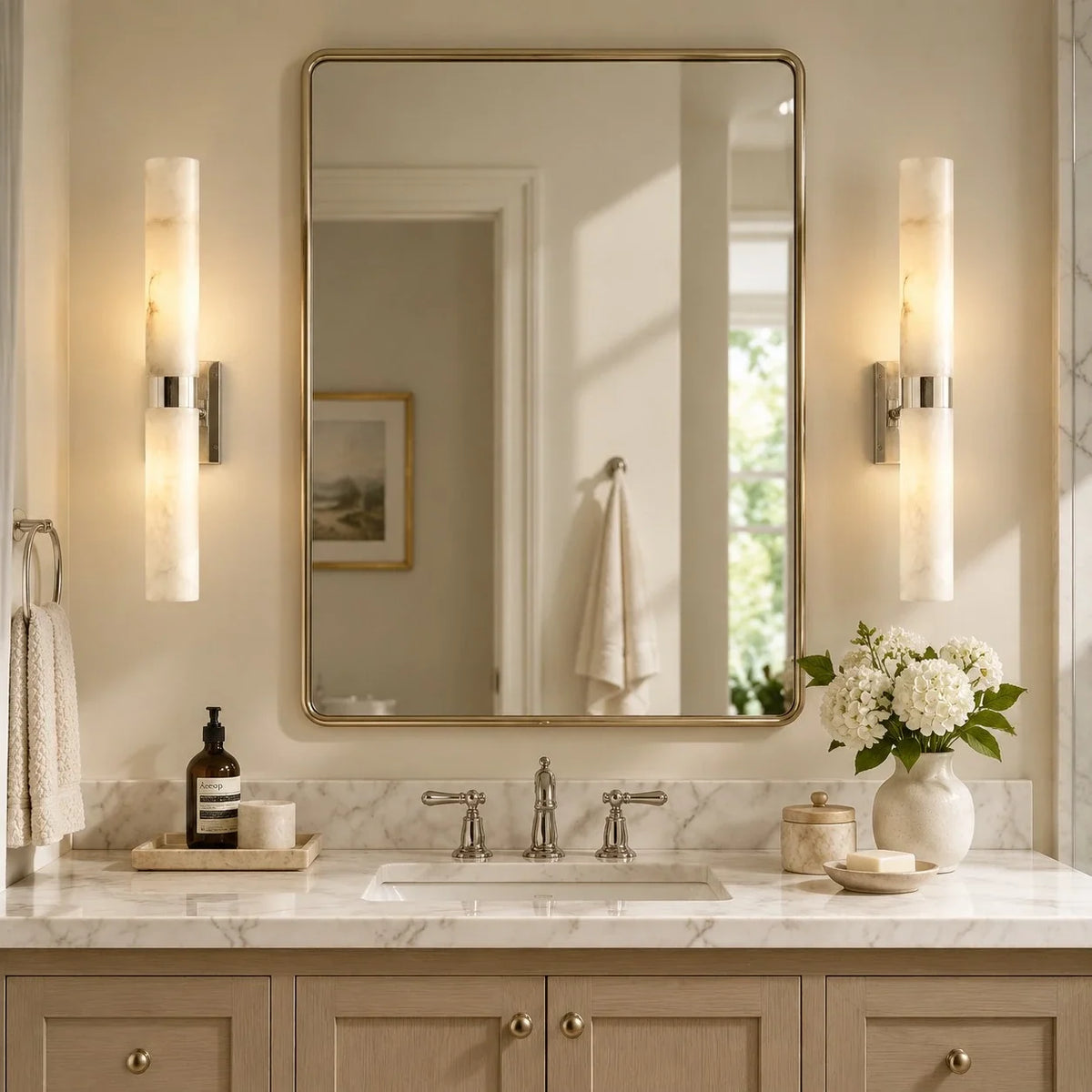 Alabaster Double Tube Sconce, Twin Cylinder Tall Wall Light
