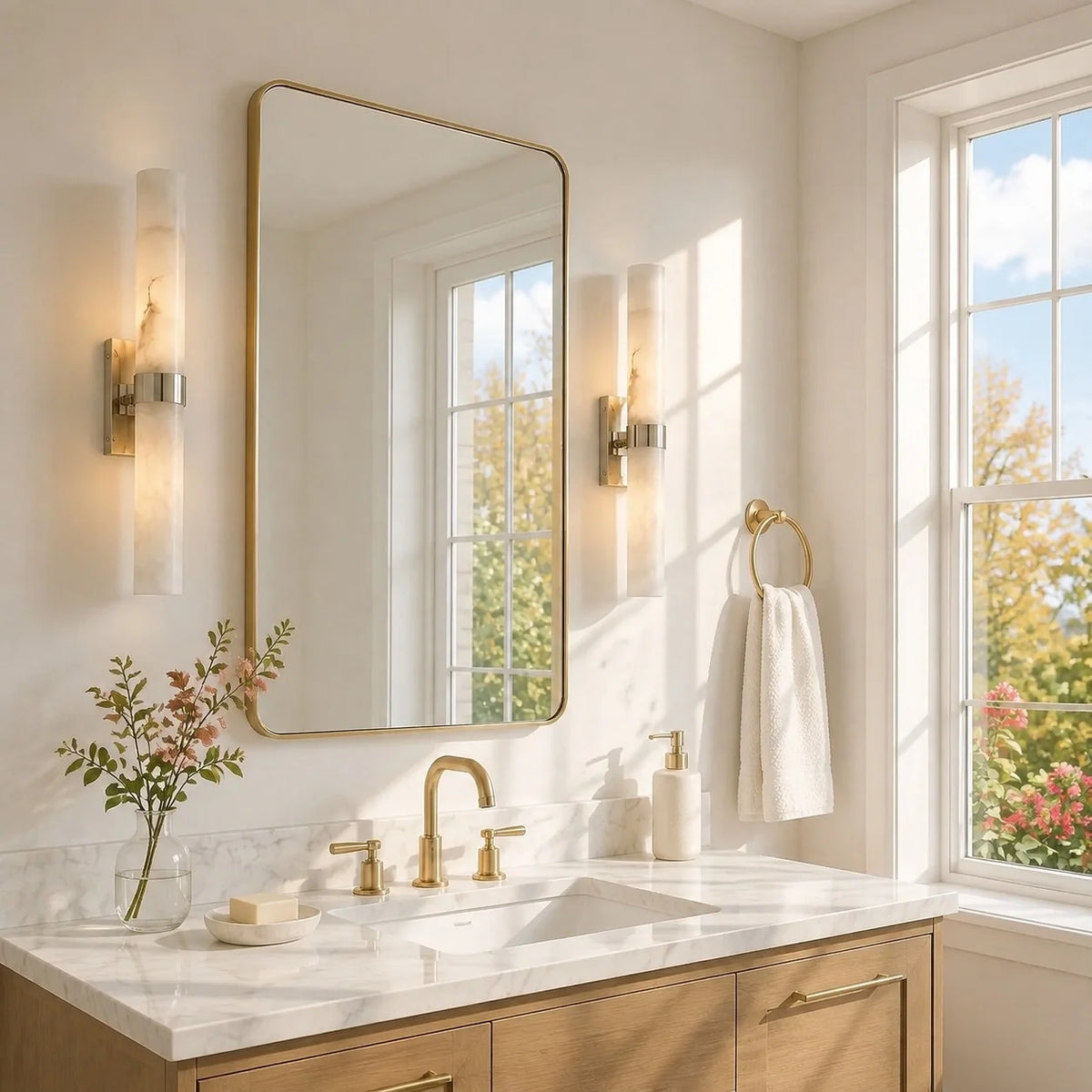 Alabaster Double Tube Sconce, Twin Cylinder Tall Wall Light