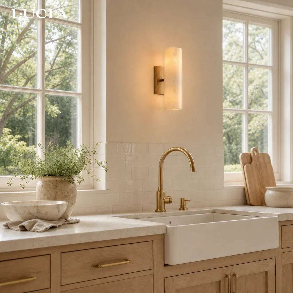 Alabaster Tube Wall Sconce, Single Cylinder, Glass or Stone