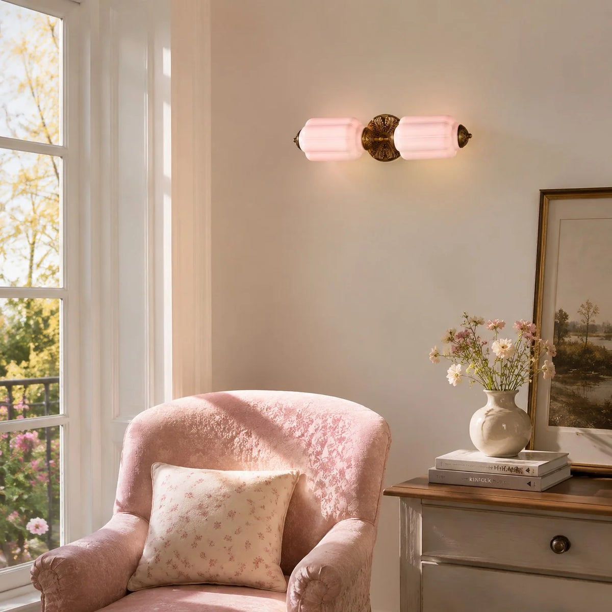 Milk Glass Vanity Light, Art Deco 2-Light Brass or Black