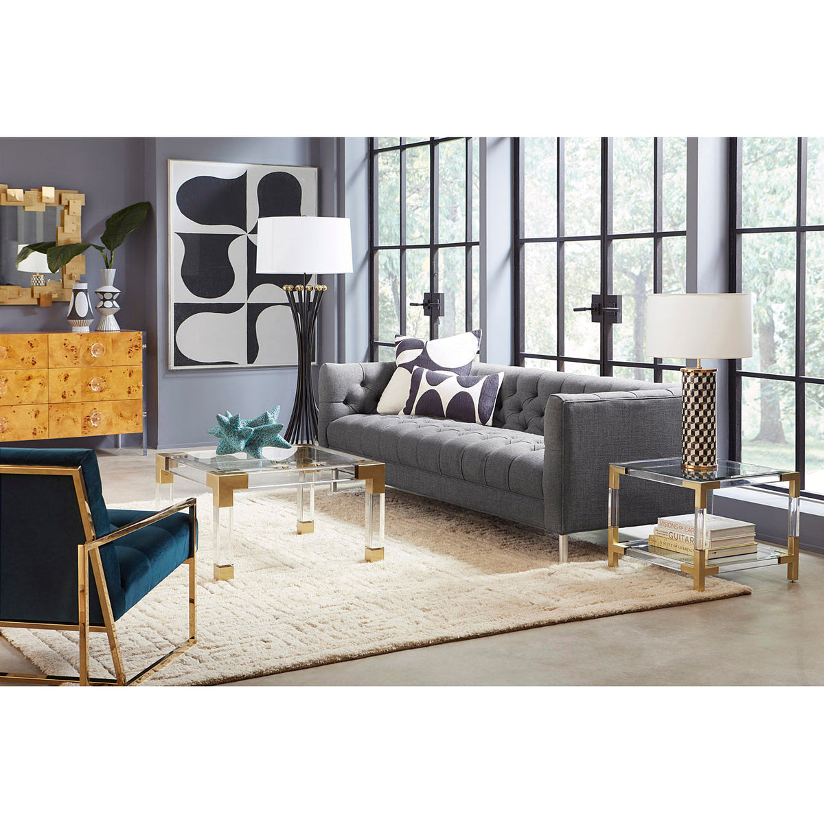 Acrylic Accent Table, Clear Two-Tier Brass Cube Side Table