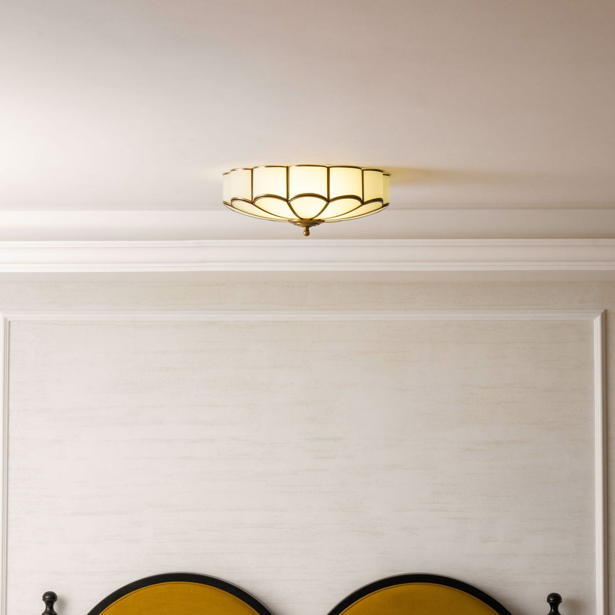 Brass Flower Semi Flush Mount Ceiling Light, Frosted Glass
