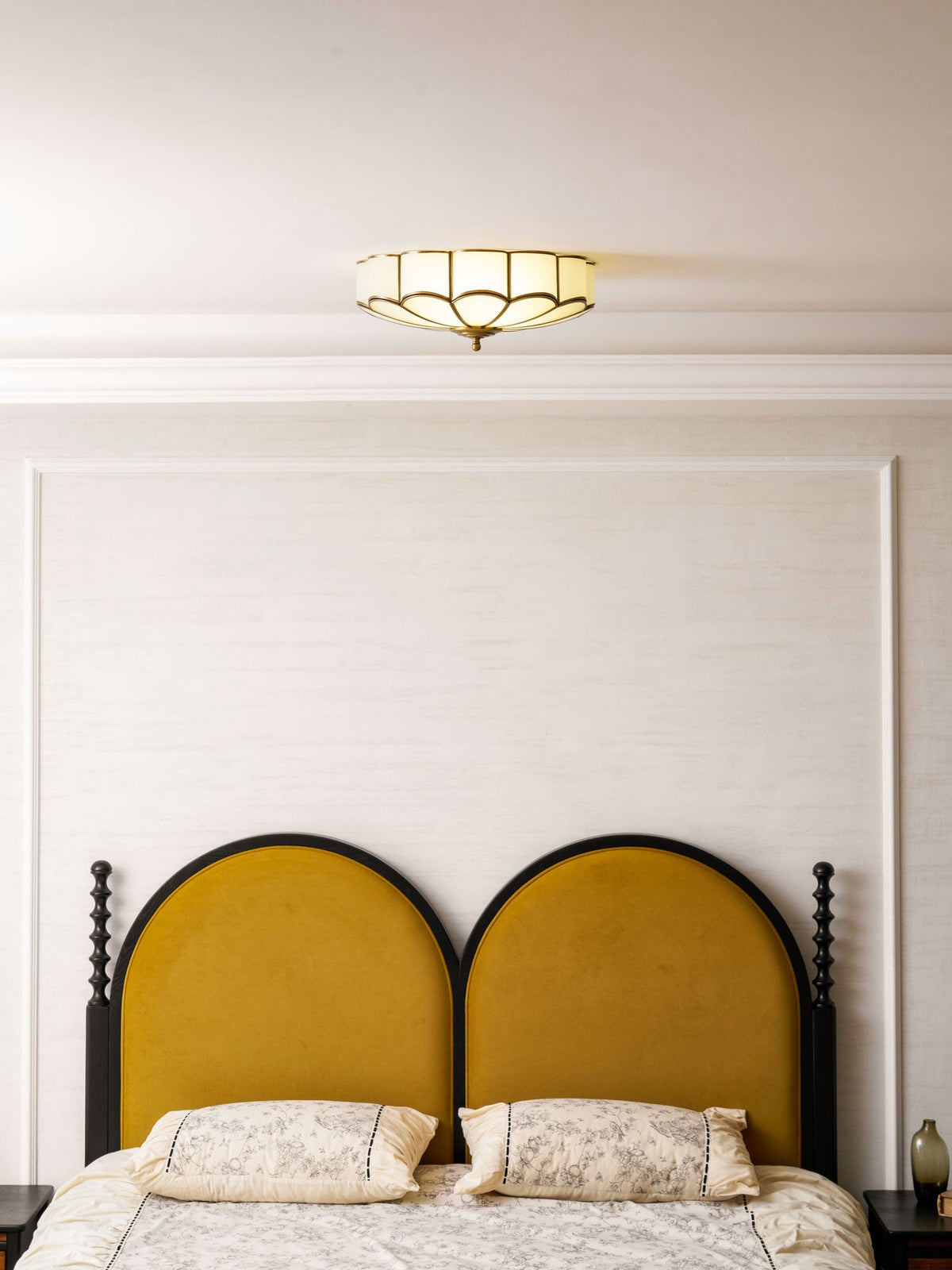 Brass Flower Semi Flush Mount Ceiling Light, Frosted Glass