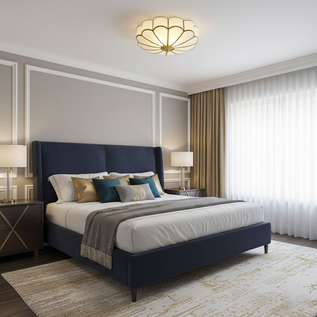Brass Flower Semi Flush Mount Ceiling Light, Frosted Glass