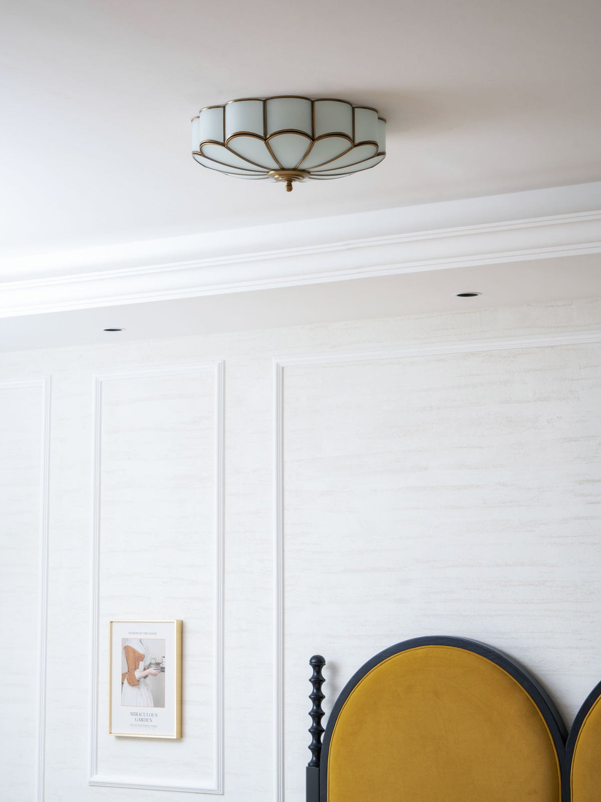 Brass Flower Semi Flush Mount Ceiling Light, Frosted Glass