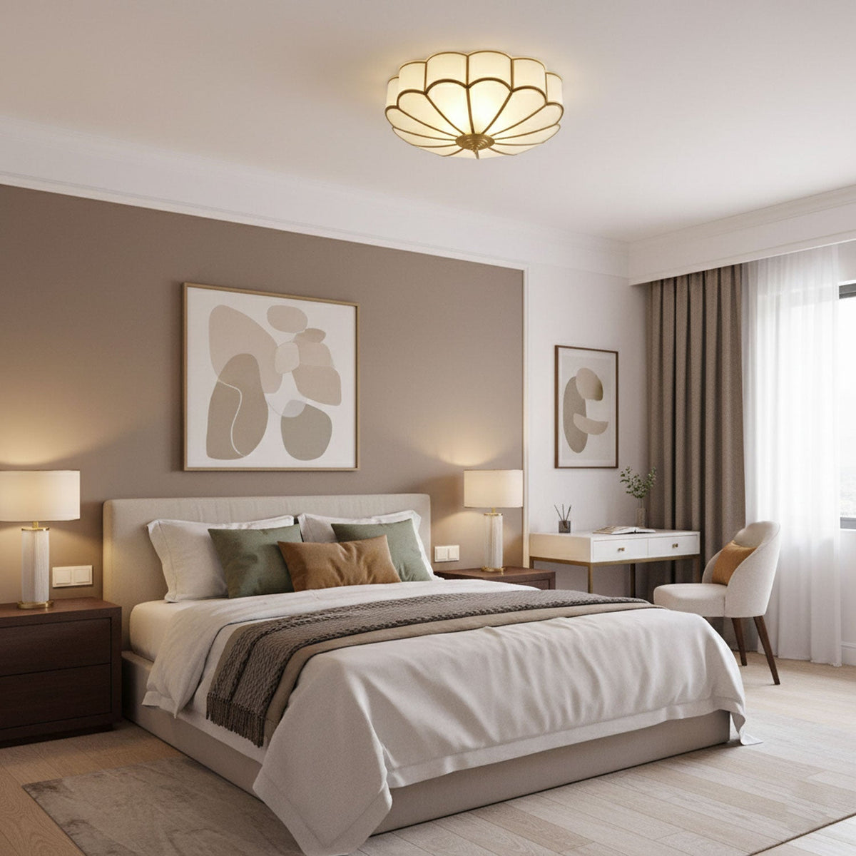 Brass Flower Semi Flush Mount Ceiling Light, Frosted Glass