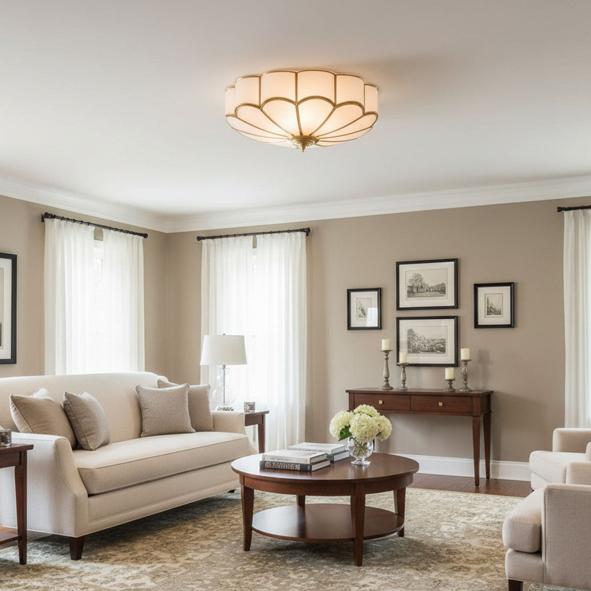Brass Flower Semi Flush Mount Ceiling Light, Frosted Glass