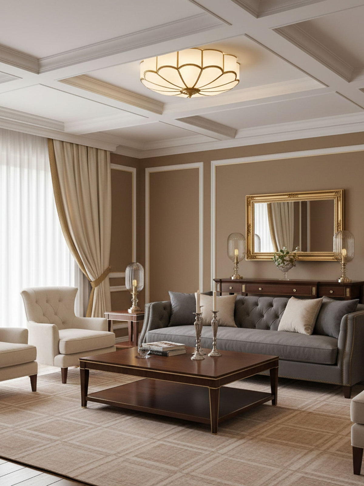 Brass Flower Semi Flush Mount Ceiling Light, Frosted Glass