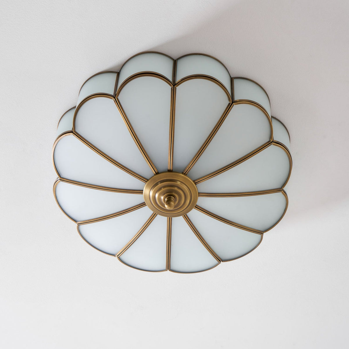 Brass Flower Semi Flush Mount Ceiling Light, Frosted Glass
