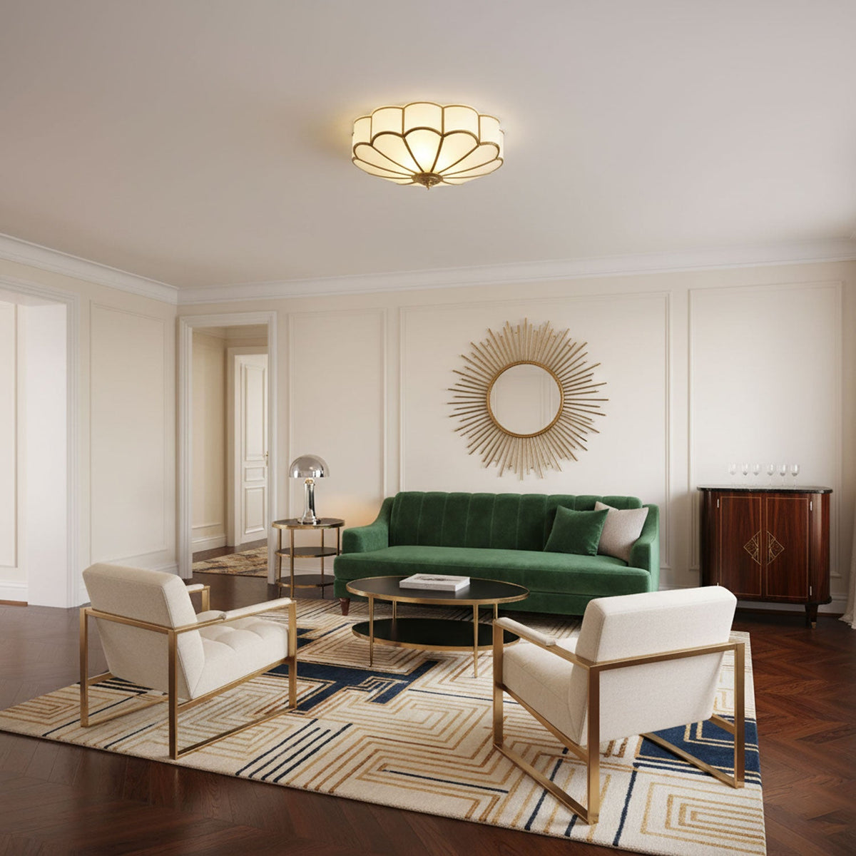 Brass Flower Semi Flush Mount Ceiling Light, Frosted Glass