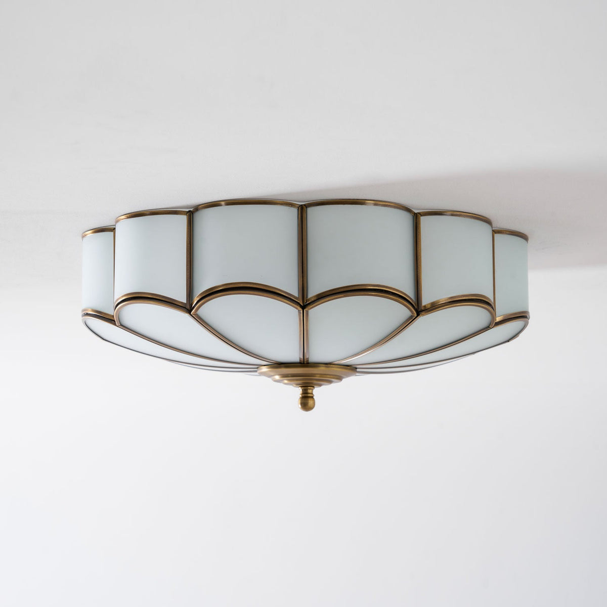 Brass Flower Semi Flush Mount Ceiling Light, Frosted Glass