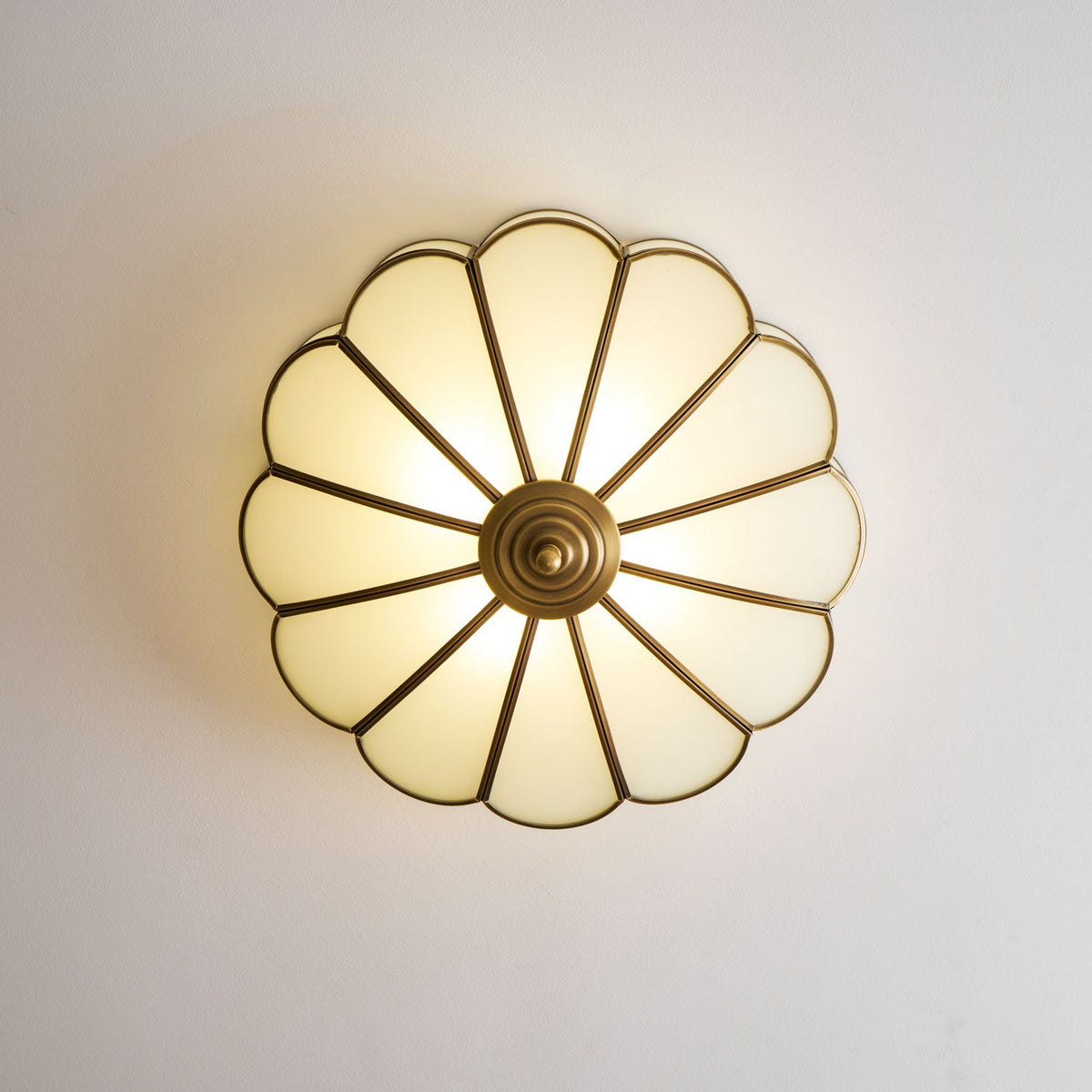 Brass Flower Semi Flush Mount Ceiling Light, Frosted Glass