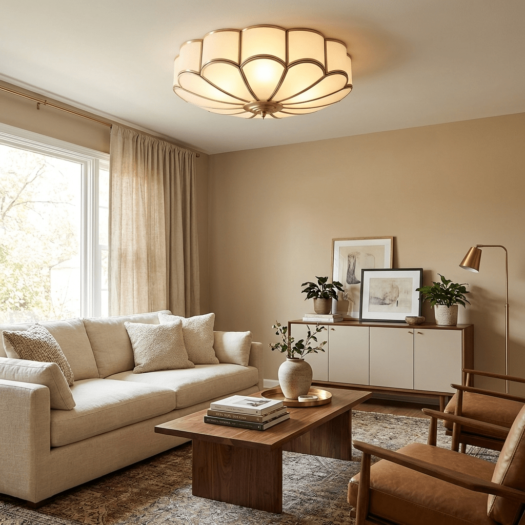 Brass Flower Semi Flush Mount Ceiling Light, Frosted Glass