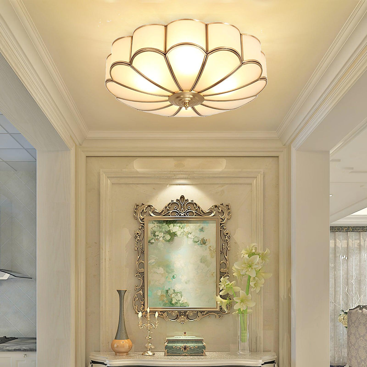 Brass Flower Semi Flush Mount Ceiling Light, Frosted Glass