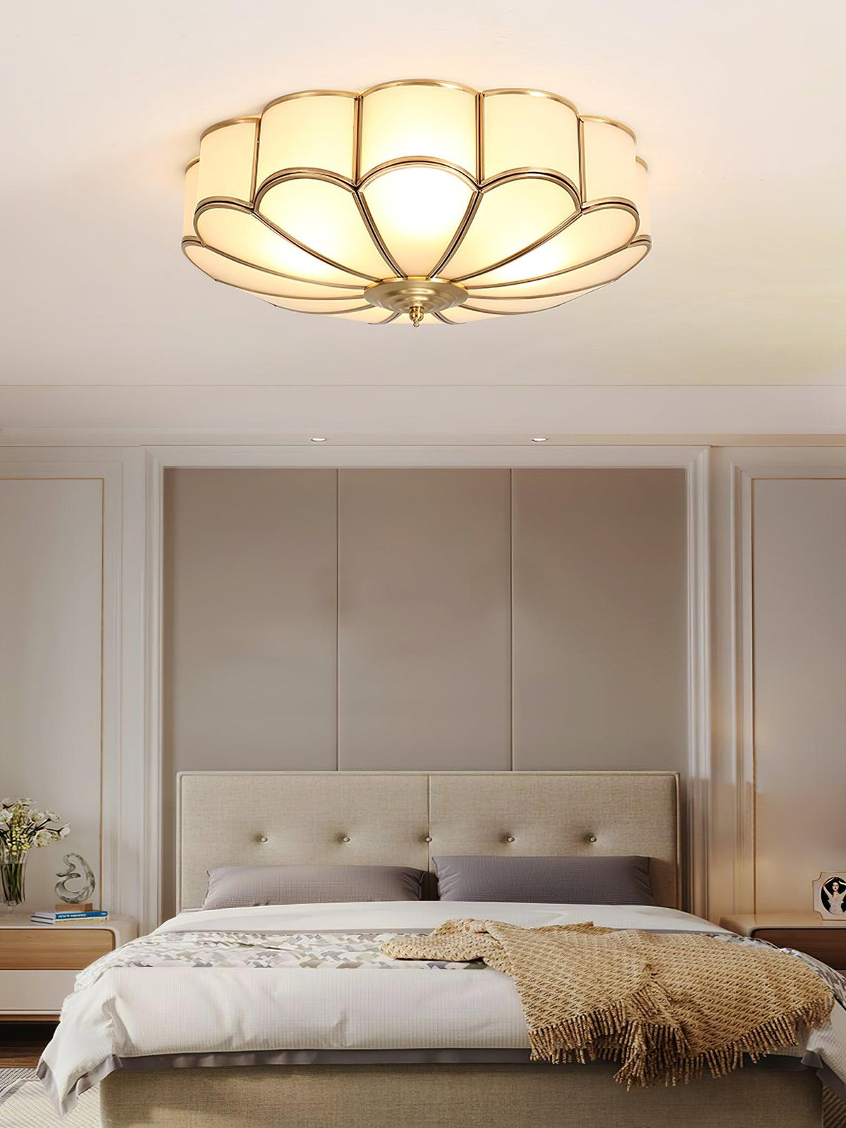 Brass Flower Semi Flush Mount Ceiling Light, Frosted Glass