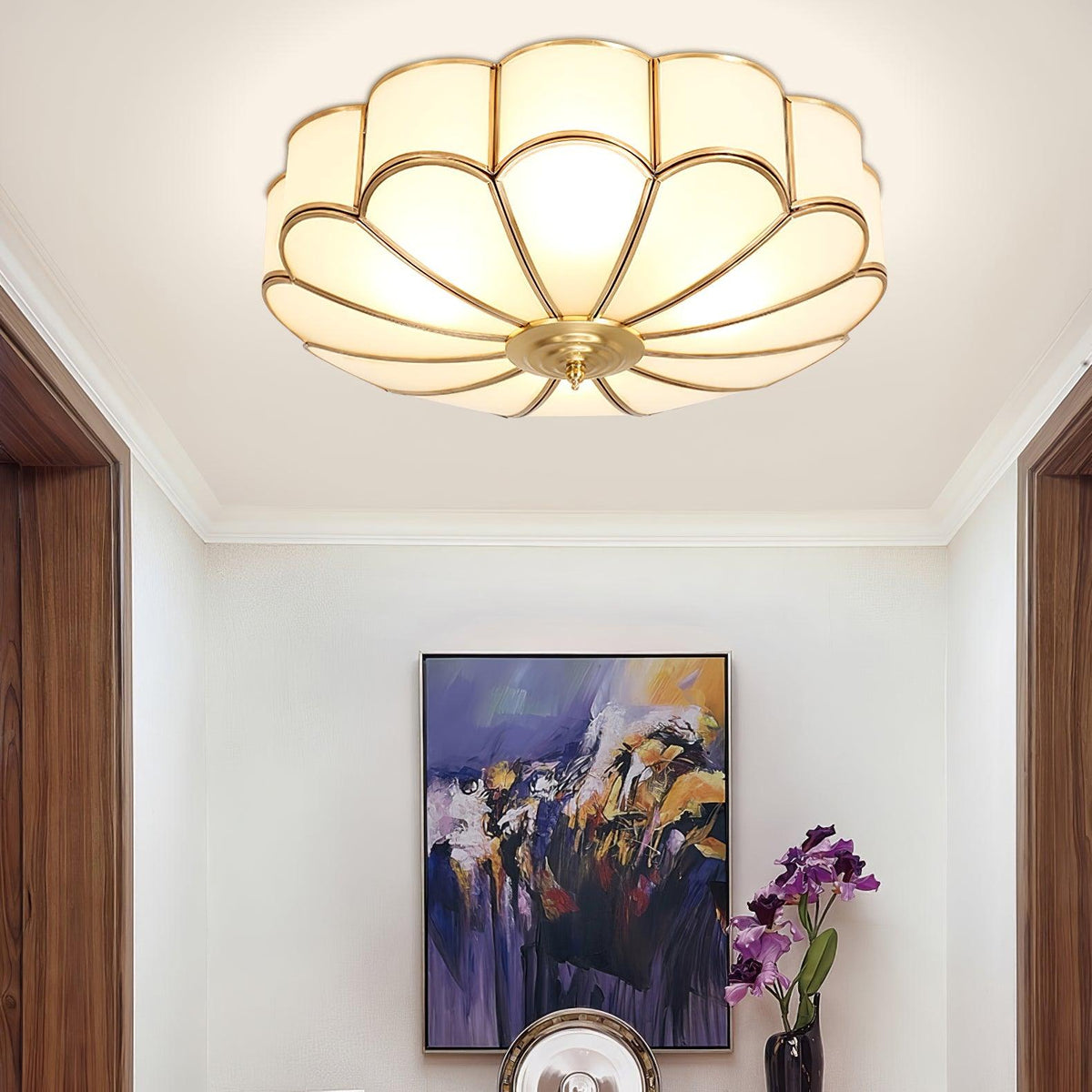 Brass Flower Semi Flush Mount Ceiling Light, Frosted Glass