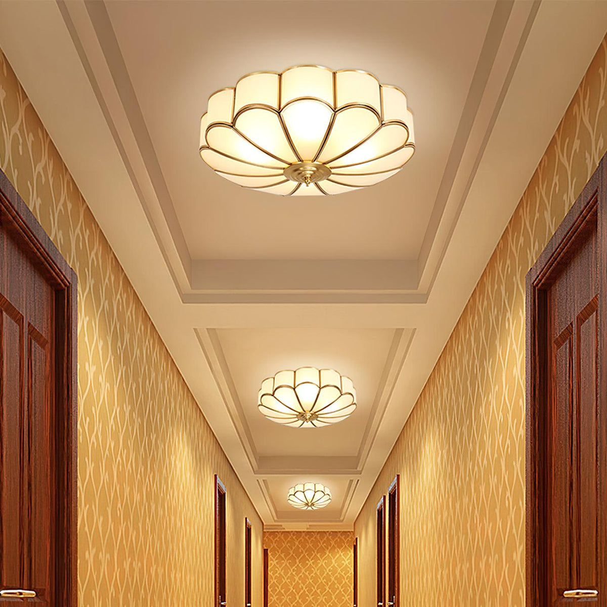 Brass Flower Semi Flush Mount Ceiling Light, Frosted Glass