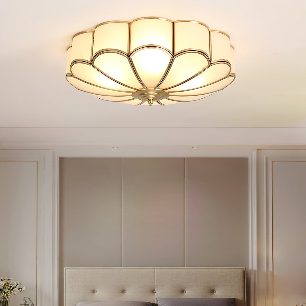 Brass Flower Semi Flush Mount Ceiling Light, Frosted Glass