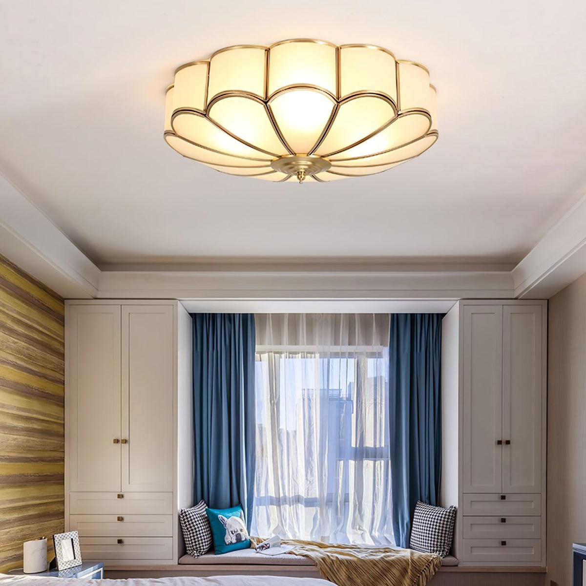 Brass Flower Semi Flush Mount Ceiling Light, Frosted Glass