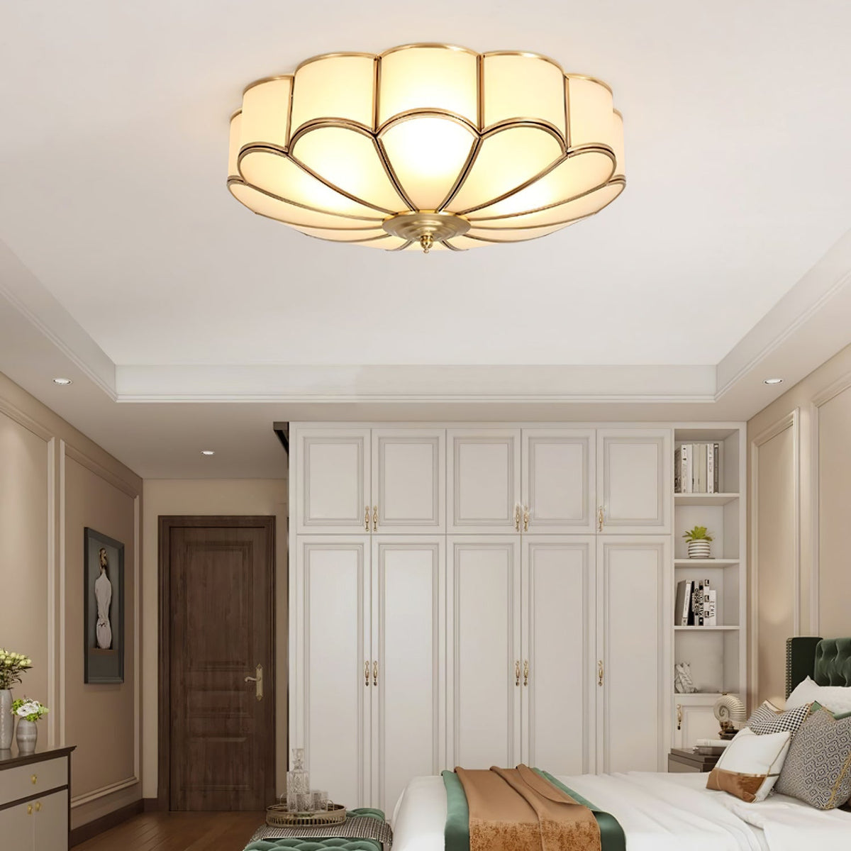 Brass Flower Semi Flush Mount Ceiling Light, Frosted Glass