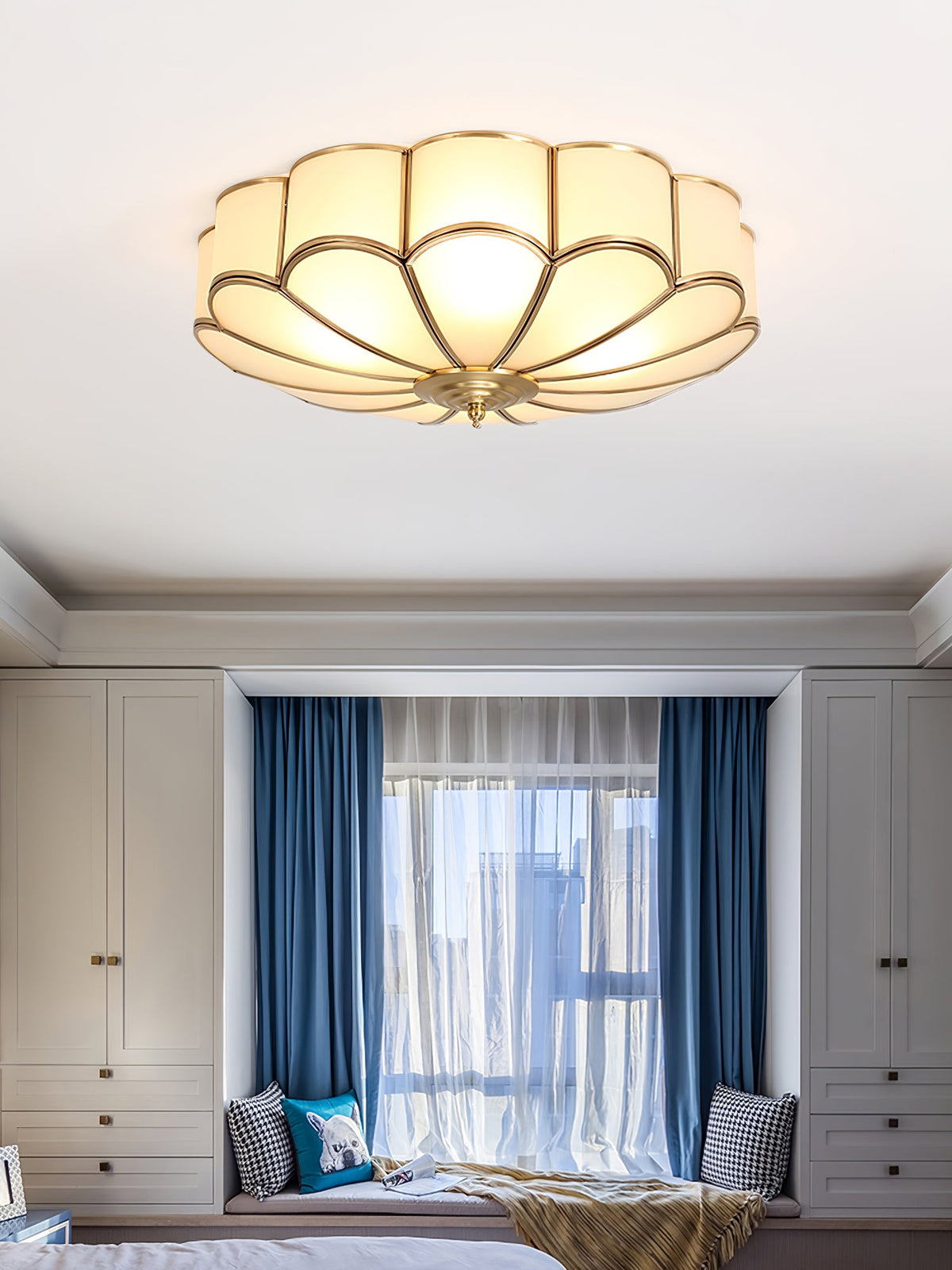 Brass Flower Semi Flush Mount Ceiling Light, Frosted Glass