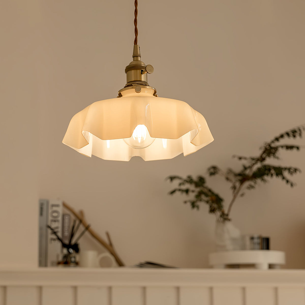 Pleated Glass Pendant, Vintage Brass Flower Ceiling Light