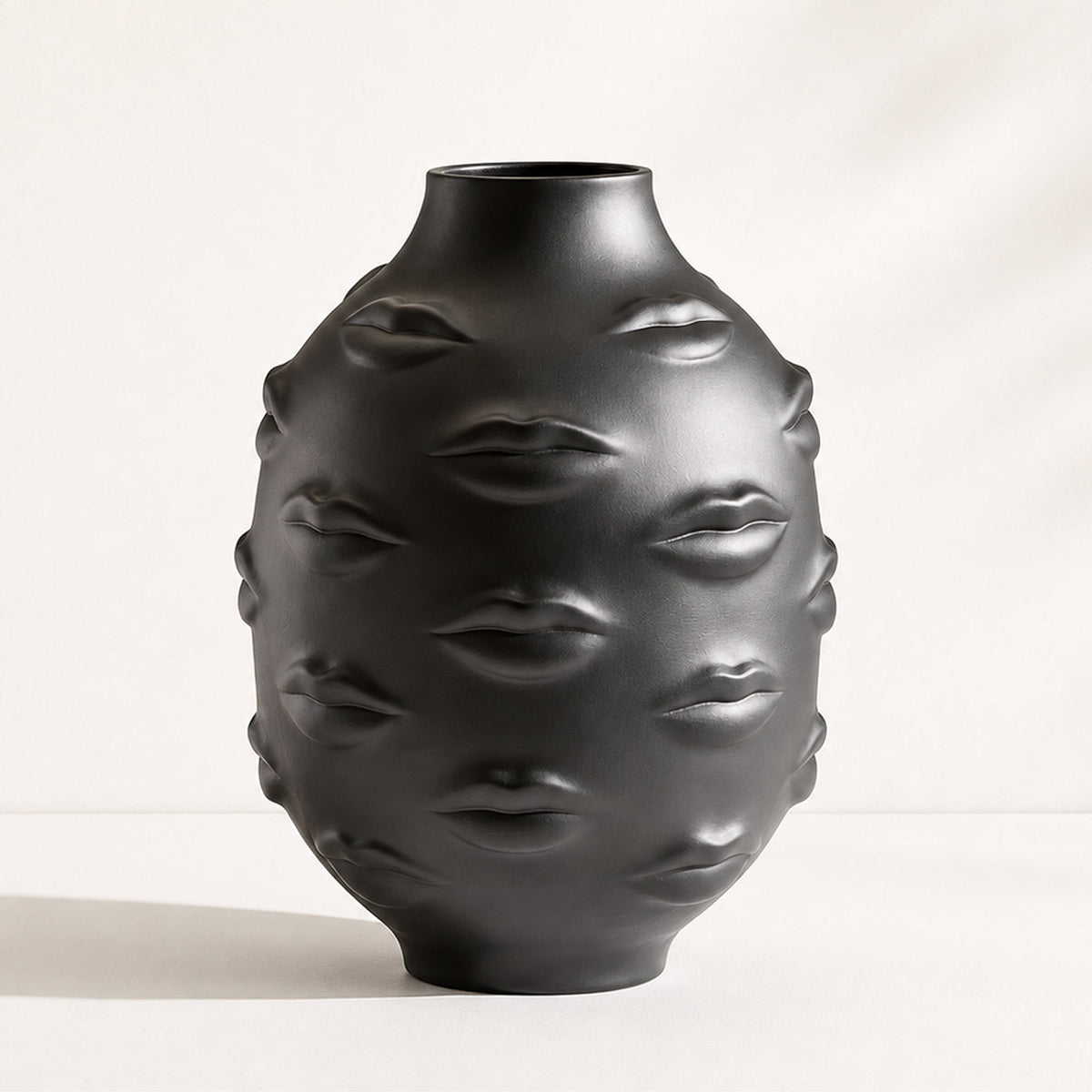 Porcelain Lips Vase, Black Surreal Round Sculptural Vase