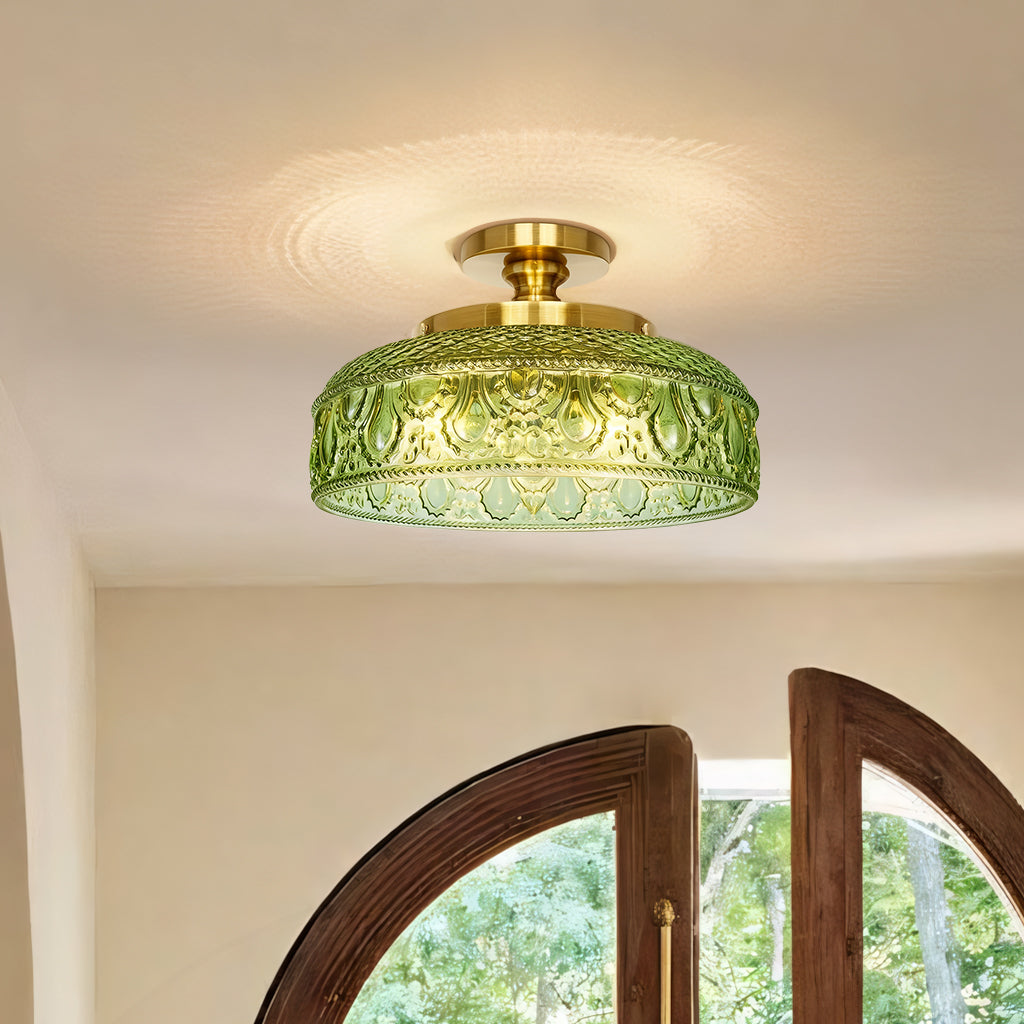 Textured Glass Ceiling Light, Carved Disc Flush Mount